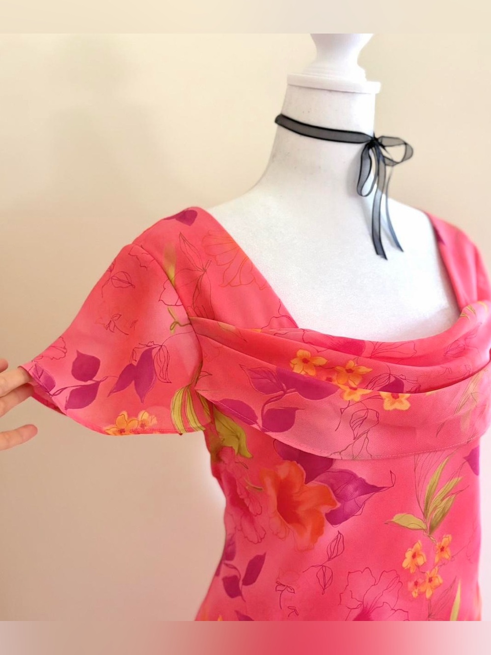 Vintage pink floral midi dress coquette fairy chiffon overlay 90s Y2K summer M - Picture 8 of 11